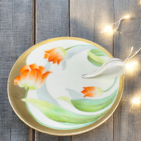 P T Bavaria Tirschenreuth Germany Porcelain Hand Painted Nappy Dish Plate Handle - Picture 1 of 14